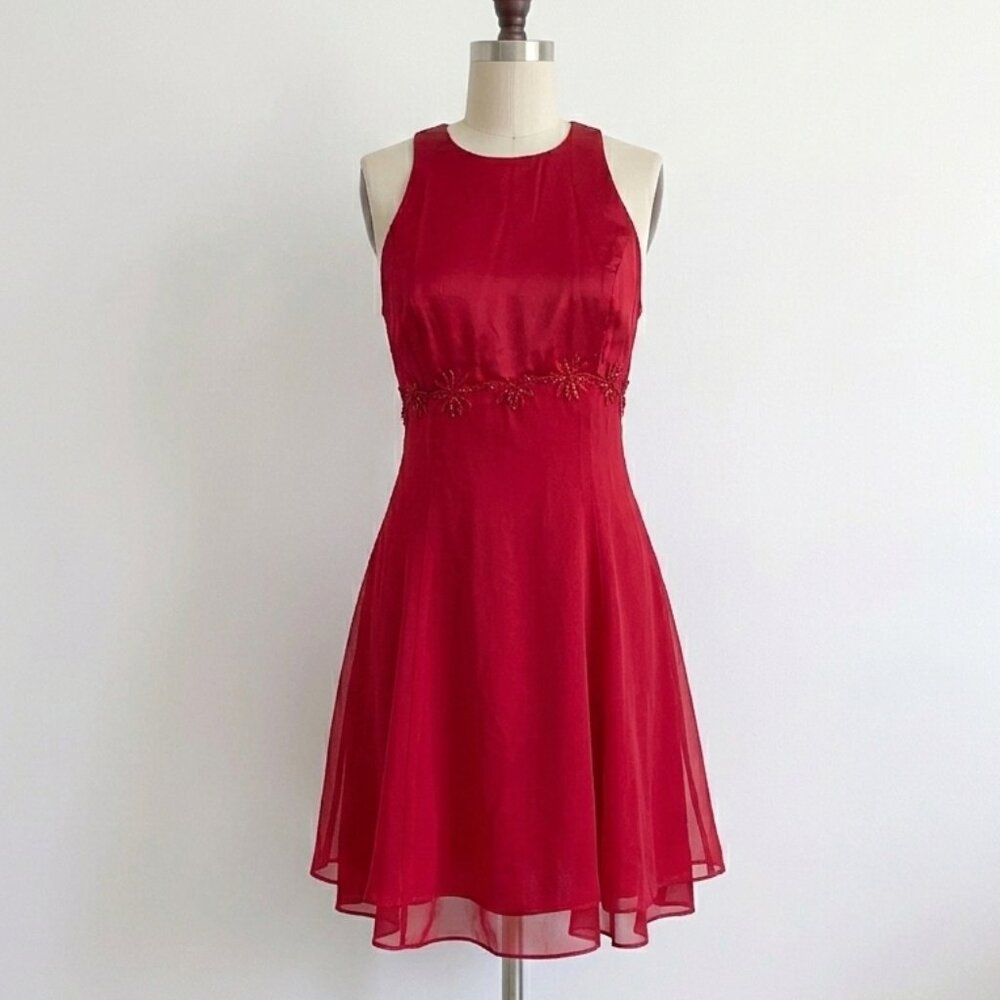 Vintage 90's Mini Dress Homecoming Dance Red Satin Open Back Flowers Holiday